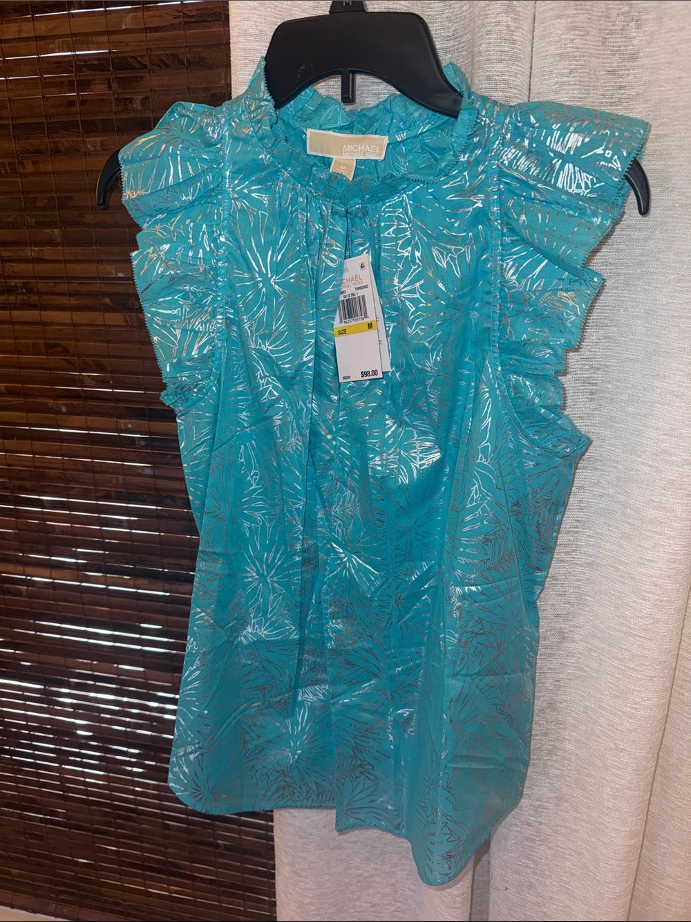 Michael Kors Teal Metallic Floral Ruffle Sleeve Blouse